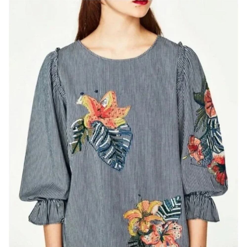 Zara Floral Embroidered Denim Striped Balloon Puff Sleeve Top SMALL